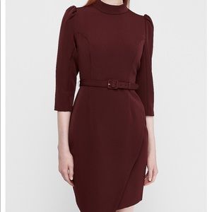 BELTED MOCK NECK PUFF SLEEVE SHEATH DRESS